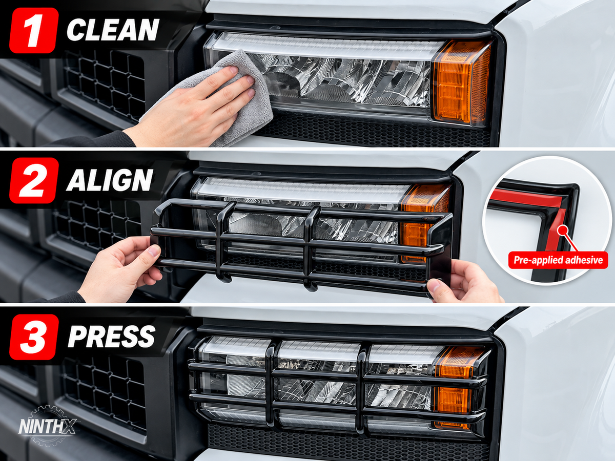 Three-step Prado LC250 headlight guard installation sequence covering cleaning, alignment, and pressing.